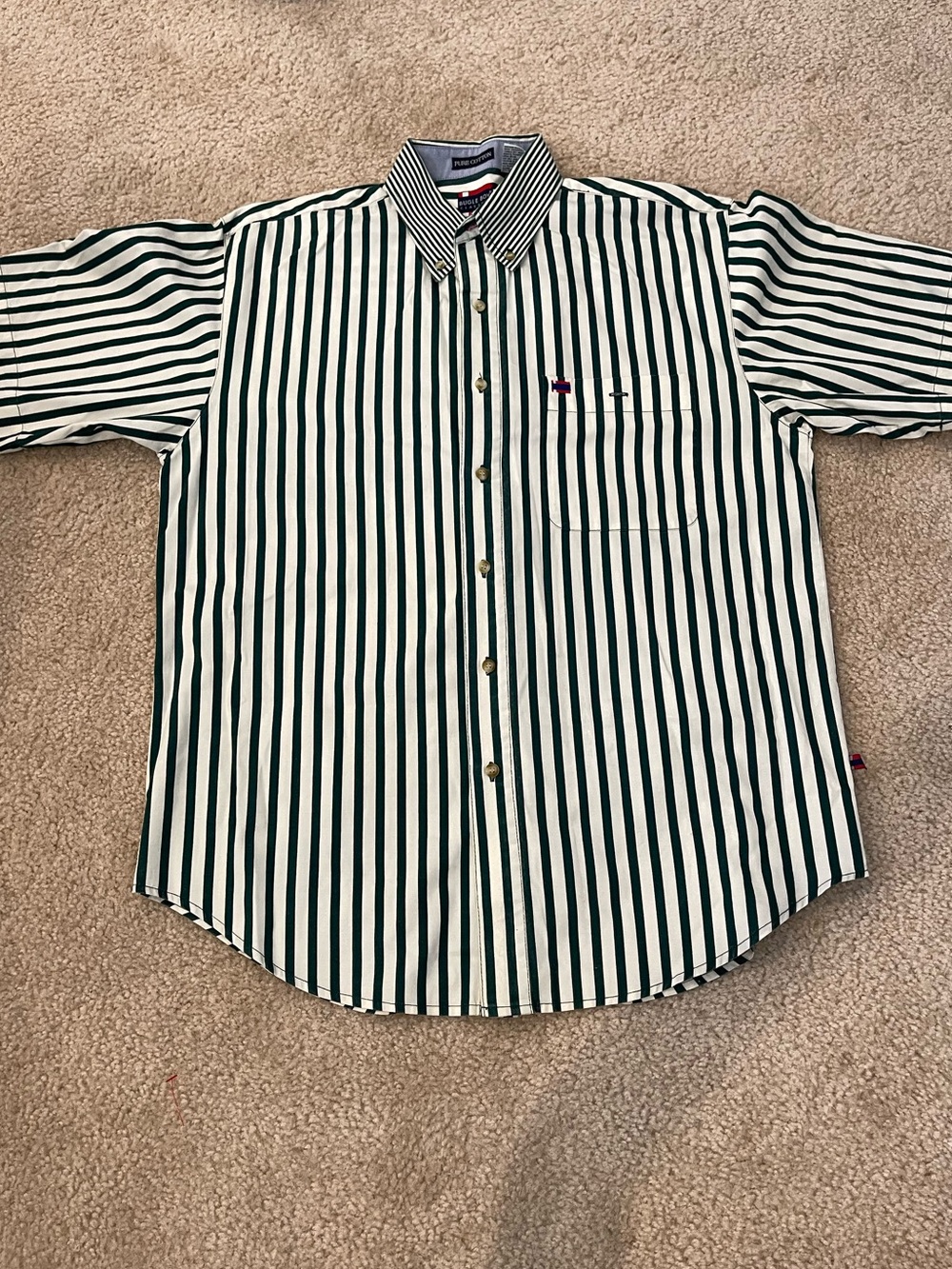 Bugle boy white/dark green striped short sleeve button down Size M